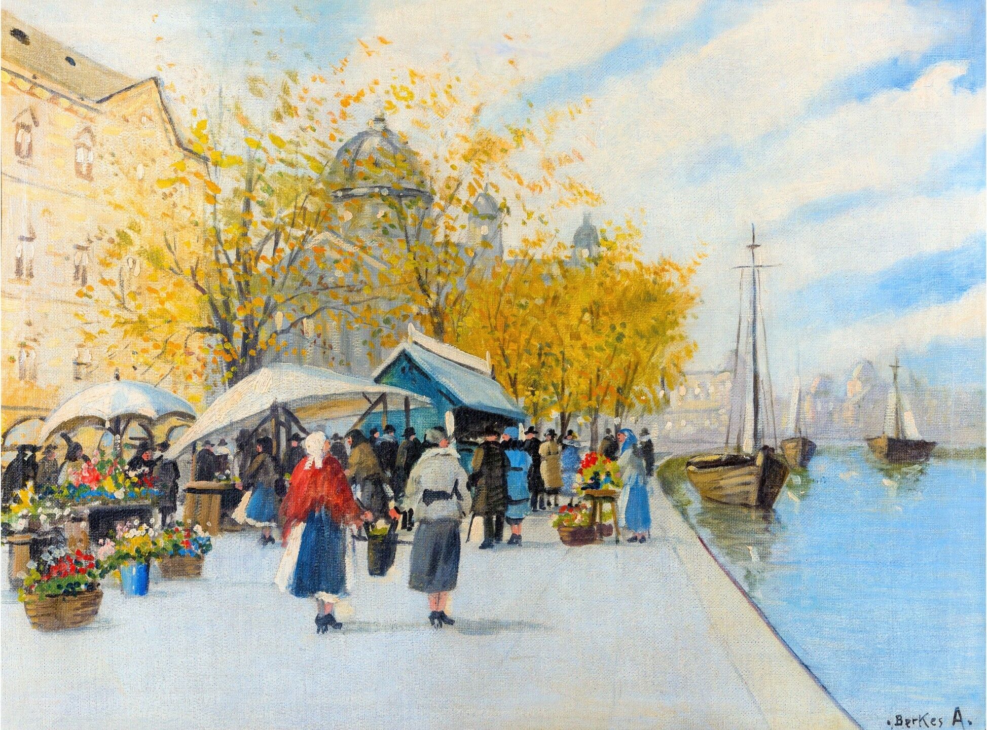 BERKES ANTAL  (1874-1938) - Virágpiac a kikötőnél