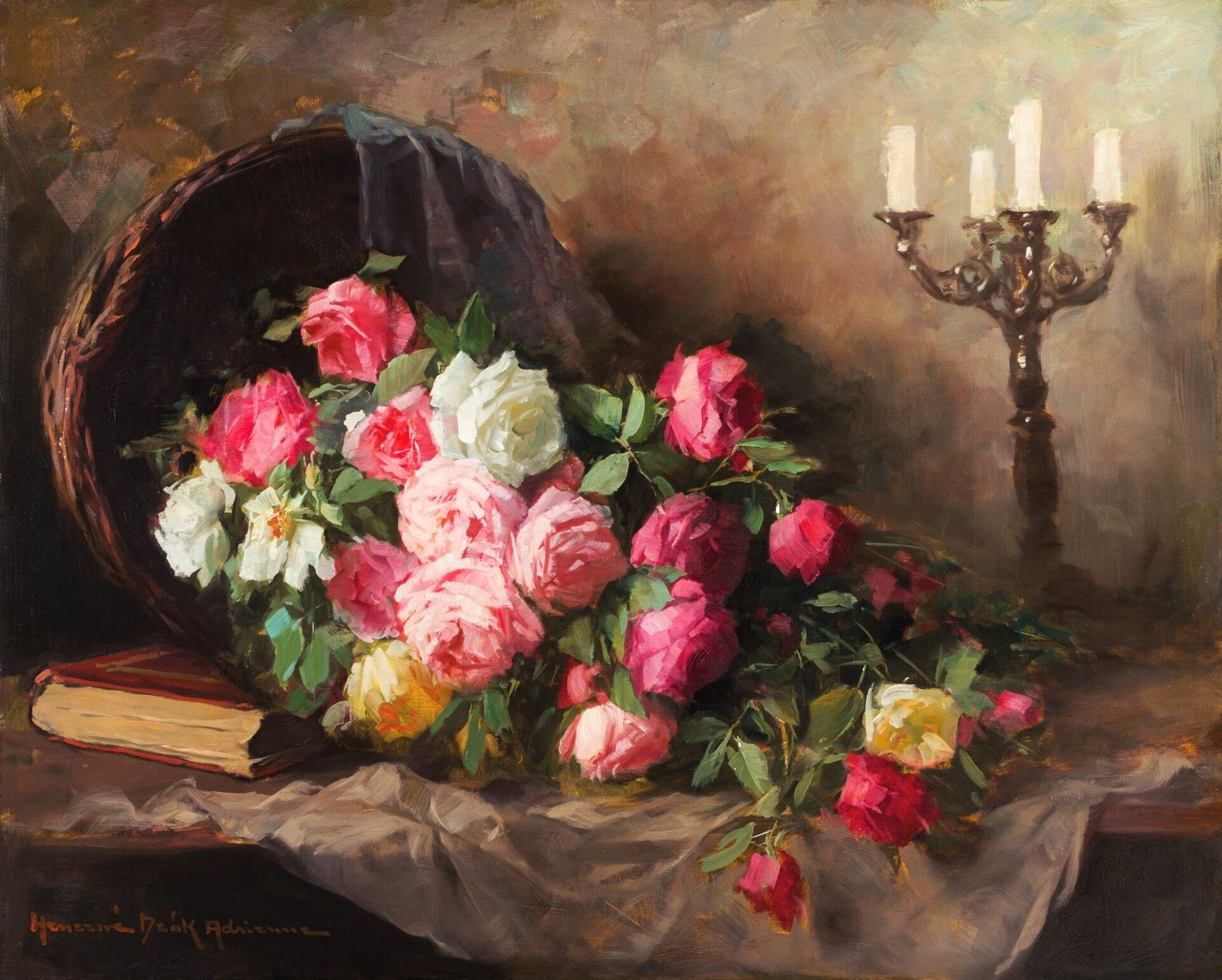 HENCZNÉ DEÁK ADRIENNE  (1890-1956) - Asztali virágcsendélet gyertyatartóval